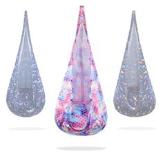 three glass vases with different designs and colors on them, one is upside down