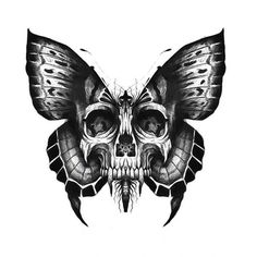 a black and white image of a butterfly skull with wings on it's head