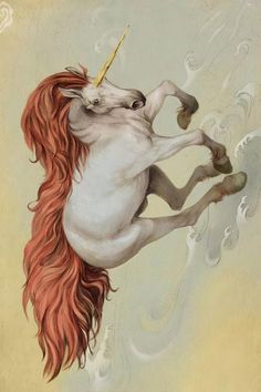 a drawing of a white horse with red hair and a horn on its back, standing in the air