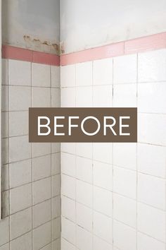 a dirty bathroom with the words before and after painted on the wall next to it