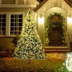 a christmas tree in front of a house decorated with lights and garlands for the holiday season