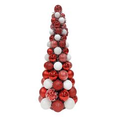 a christmas tree made out of red and white ornaments