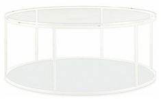 a white coffee table with glass top and metal frame around the bottom, on a white background