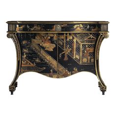 an ornate black and gold painted cabinet with figures on the front, two doors open