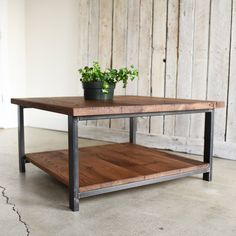 Square Industrial Modern Coffee Table with Lower Shelf Pictured in Reclaimed Oak/ Walnut & Blackened Metal Dark Walnut Table, Armoire Repurpose, Modern Wood Coffee Table, Table Square, Steel Coffee Table, Reclaimed Wood Coffee Table, Solid Wood Shelves, Industrial Coffee Table, Coffee Table Farmhouse