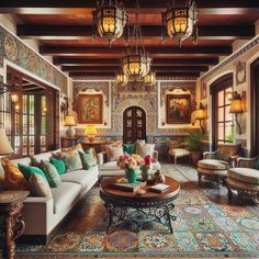 a living room filled with lots of furniture next to a window covered in paintings and chandeliers