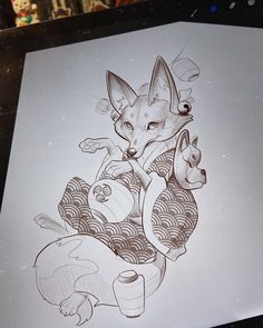 an ink drawing of a fox holding a teapot and two other animals sitting on the ground