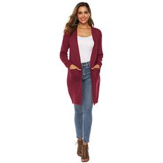 Wine Red Open Front Cardigan with Pockets Red V-neck Cardigan For Work, Red Casual Sweater Coat For Spring, Casual Red Sweater Coat For Spring, Casual Red Sweater Coat For Layering, Red Open Front Sweater For Fall, Red Long Sleeve Sweater Coat For Spring, Casual Red Cardigan With Pockets, Red Open Front Winter Sweater, Red Winter Sweater With Pockets