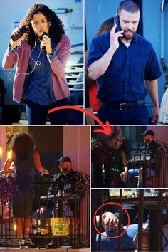 four different pictures of people with microphones in their hands and on cell phones to the side