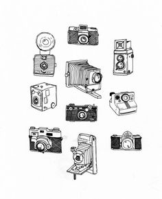 an ink drawing of old fashioned cameras