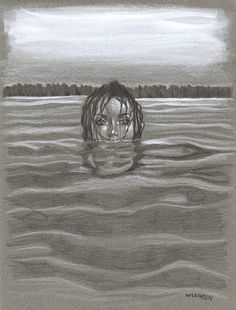 a drawing of a woman in the water with her head above the water's surface