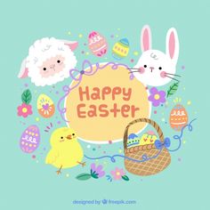 an easter card with rabbits, eggs and other items in the background that says happy easter