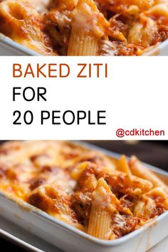 baked zitti pasta in a white casserole dish with text overlay