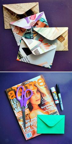 an envelope with scissors and magazines on it next to a pair of scissors that have been cut out