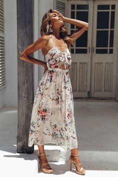 Spring Vacation Strappy Midi Dress, Spring Strappy Maxi Dress With Tie Straps, Spring Brunch Strappy Midi Dress, Spring Strappy Midi Dress For Brunch, Strappy Midi Dress For Spring Brunch, Spring Strappy Maxi Dress With Tie Back, Spring Strappy Dress With Tie Straps, Strappy Dress With Tie Straps For Spring, Spring Strappy Dresses For A Day Out