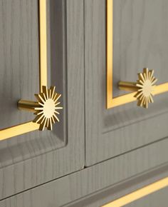 two gold handles on a gray cabinet