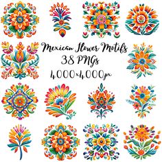 mexican flower motifs in different colors