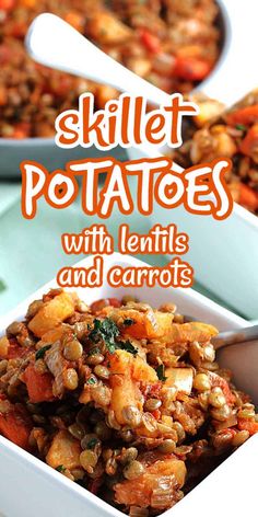 a bowl filled with lentils and carrots next to another bowl full of potatoes