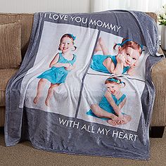 a blanket that has two pictures of a baby on it and the words i love you mommy with all my heart