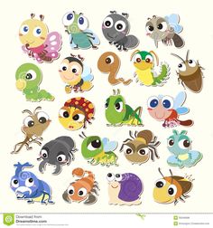 an assortment of cartoon animals with different eyes and body shapes, all in various colors