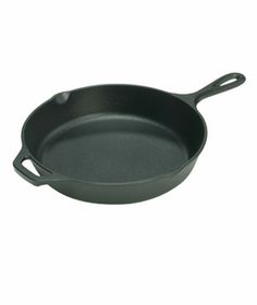 an empty cast iron skillet on a white background