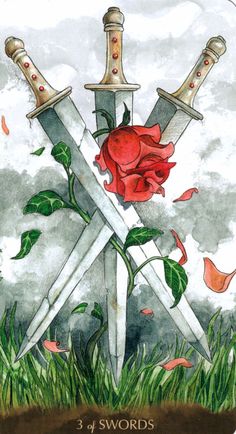 a card with two swords and a rose in the middle, on top of grass