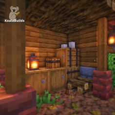 the interior of a minecraft house with lots of wood and brickwork on the walls