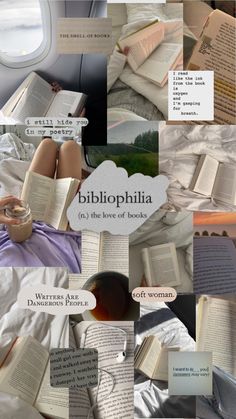 the collage shows many different types of books and their pages are open on top of each other