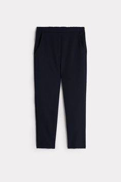 Full-length trousers featuring two pockets, faux back pocket and covered elasticated waist. Blue Business Casual Bottoms With Side Pockets, Workwear Bottoms With Pull-on Style And Straight Hem, Bottoms With Pull-on Style And Straight Hem For Workwear, Pull-on Style Bottoms For Workwear, Straight Hem Pull-on Style Bottoms For Workwear, Pull-on Style Bottoms With Straight Hem For Workwear, Elastane Bottoms With Pockets Straight Hem, Navy Bottoms With Side Pockets For Work, Blue Pants With Side Pockets For Business Casual