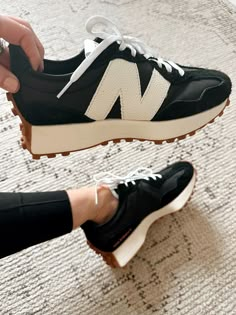 Black 327 New Balance, Fall 23 Boots, Shoes That Go With Everything Sneakers, Black Fashion Sneakers Women, New Balance Womens Sneakers, Black Casual Shoes Women, New Balance Trendy Shoes, Fall Women’s Shoes, Shoes To Wear With Jeans Womens