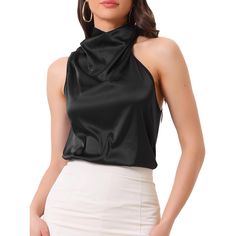 Looking for a versatile piece that can effortlessly elevate your style? Look no further than this stunning satin blouse. With its classic design and high-quality construction, this top is the perfect choice for any occasion. Whether you're dressing up for a night out or simply looking to add some elegance to your everyday look, this blouse is sure to become a favorite in your wardrobe. Crafted from luxurious satin material, this blouse is both smooth and comfortable to the touch, making it a joy Solid Satin Tank Top For Party, Fitted Satin Finish Sleeveless Tank Top, Fitted Sleeveless Satin Tank Top, Satin Sleeveless Blouse For Work, Formal Satin Sleeveless Blouse, Chic Black Satin Tank Top, Sleeveless Satin Tops For Evening, Black Satin Sleeveless Top, Sleeveless Satin Top For Night Out