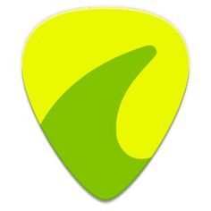 a green and yellow guitar picker with an arrow on the bottom, in front of a white background