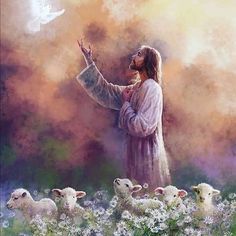 a painting of jesus surrounded by sheep in a field with a dove flying above him