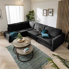 a living room with black couches and blue pillows