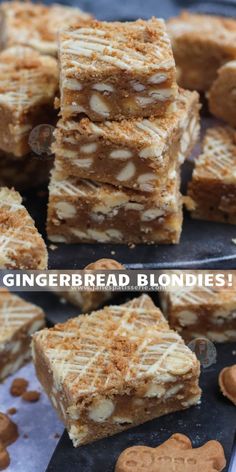 gingerbread blondies are stacked on top of each other and ready to be eaten