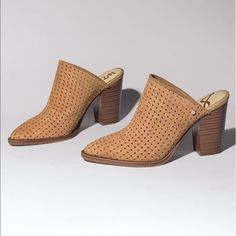 New In Box Brown Closed Toe Heels With Suede Lining, Brown Block Heel Mules With Cushioned Footbed, Brown Mules With Cushioned Footbed And Block Heel, Leather Heels With Perforated Almond Toe, Brown High Heel Mules With Cushioned Footbed, Sam Edelman Mules, Black Mules, Suede Mules, Suede Tassel