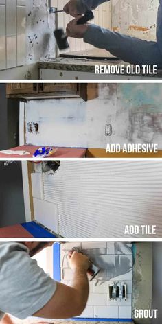 three pictures showing how to remove old tile and add adhesive for the backsplash