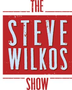 the steve wilko show logo with red and white lettering on it's side