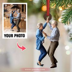 an elderly couple dancing under a christmas tree ornament with the caption your photo