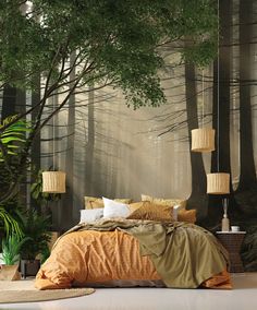 a bed sitting under a tree filled forest next to a wall mounted clock and lamp