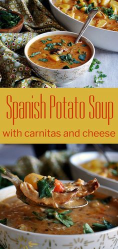 two bowls of spanish potato soup with carrots and cheese