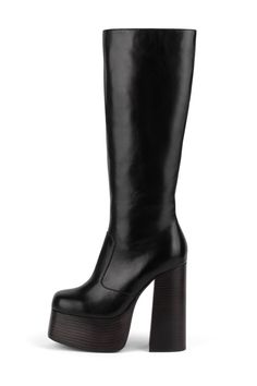 Knee-high platform chunky heeled boot. Fits true to size Measurements taken from size 7 5.5" heel, 2" platform 14" shaft, 13.5" calf, 15.5" top opening Leather upper, leather lining, synthetic sole Zipper closure 90s Boots, Hey Joe, Chunky Heeled Boots, Platform Sandals Heels, Jeffrey Campbell Shoes, Dream Shoes, Sneaker Heels, Platform Boots, Jeffrey Campbell