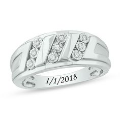 Confidently express your love with this handsome diamond wedding band. Created in sterling silver, this personalized look showcases trios of glistening diamonds - each artfully set to enhance size and radiance - set diagonally between sculpted ribbons. Add the final touch with a name or message - up to nine characters in length - inscribed in the font you select along the inside of the shank. Striking with 1/10 ct. t.w. of diamonds and a brilliant buffed luster, this wedding band fits his bold s Wedding Band Engraving, Band Fits, Final Touch, Diamond Wedding Band, Sparkle Diamonds, Mens Wedding Bands, Diamond Stone, Diamond Clarity, Diamond Wedding Bands