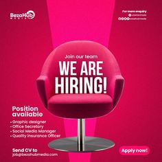 a pink chair with the words we are hiring on it and an advertise