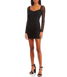 City Vibe Long Mesh Sleeve Shirred Dress | Dillard's Black Bodycon Dress With Mesh Sleeves For Night Out, Fitted Long Sleeve Black Mesh Dress, Black Bodycon Mini Dress With Mesh Sleeves, Black Mini Dress With Sheer Stretch Sleeves, Black Mesh Dress With Sheer Sleeves, Midi Length, Shirred Dress, Mesh Sleeves, City Vibe, Above Knee