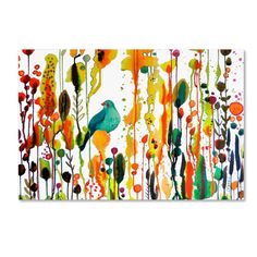 an abstract painting with colorful flowers and birds