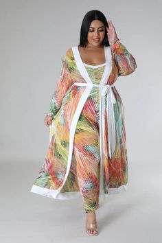 Discover the perfect addition to your summer wardrobe with our Plus + Curve Tropical Design X Back Jumpsuit Cardigan Multi-Color Set! Effortlessly stylish, this set features a tropical design, X back jumpsuit and long cardigan in vibrant multi-colors. Perfect for adding a touch of exotic flair to any outfit, while staying comfortable and chic. Two piece set Long cardigan No closure Stretch jumpsuit V neck Sleeveless X back Self tie waist No closure 95% polyester 5% spandex Hand wash cold Inseam Summer Long Sleeve Sets For Brunch, Multicolor Two-piece Sets For Day Out, Spring V-neck Beachwear Sets, Multicolor Two-piece Set For Summer, Multicolor Two-piece Sets For The Beach, Multicolor Two-piece Sets For Beach, Multicolor Two-piece Beach Set, Chic Multicolor Beach Sets, Multicolor Sets For Beach In Spring