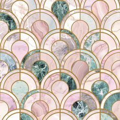 an art deco wallpaper with pink, blue and green marble scales on it's sides