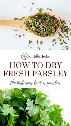 fresh parsley on a wooden spoon with the title how to dry fresh parsley