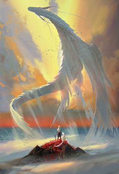 a man standing on top of a rock next to a giant white dragon in the ocean